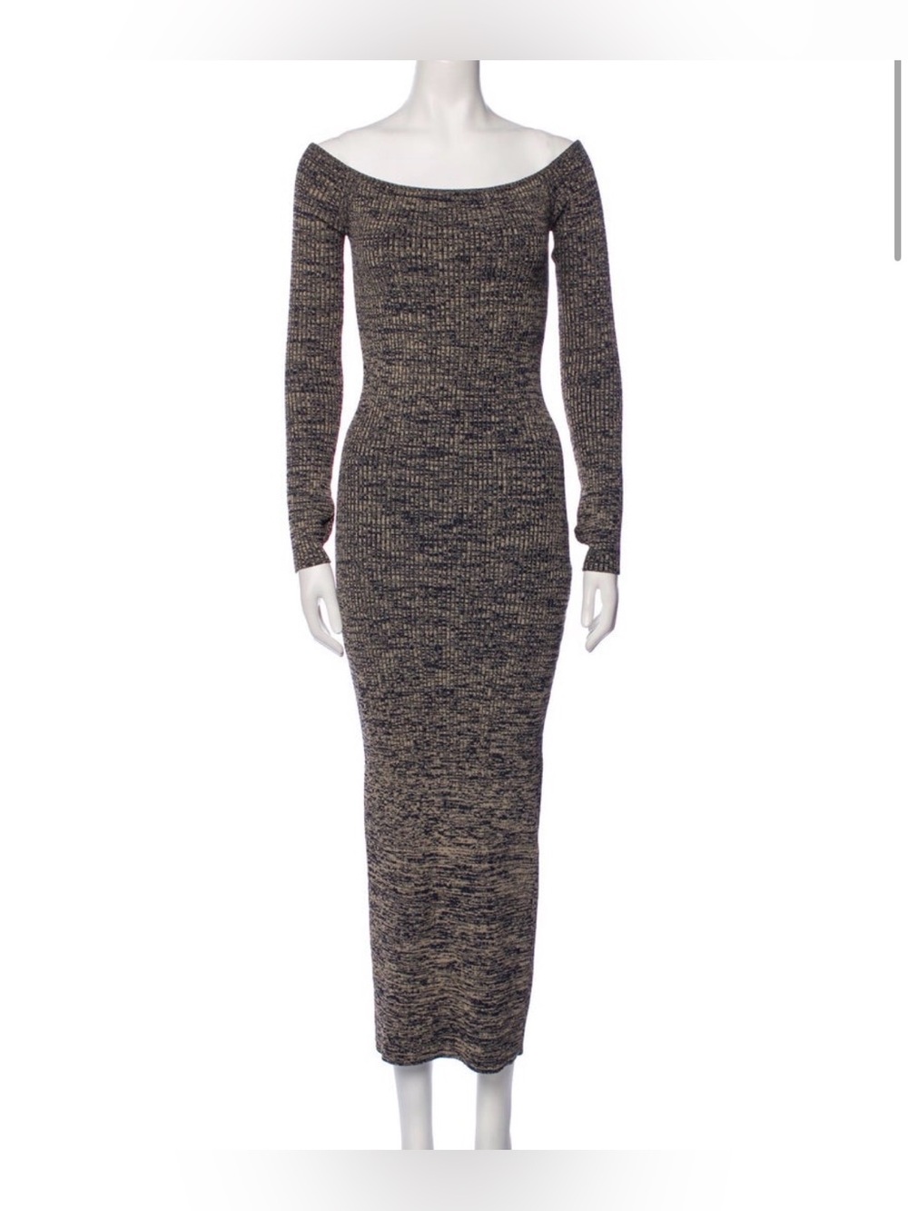 Off-Shoulder Long Sleeve Ribbed Maxi Dress - Black & Cream Marled